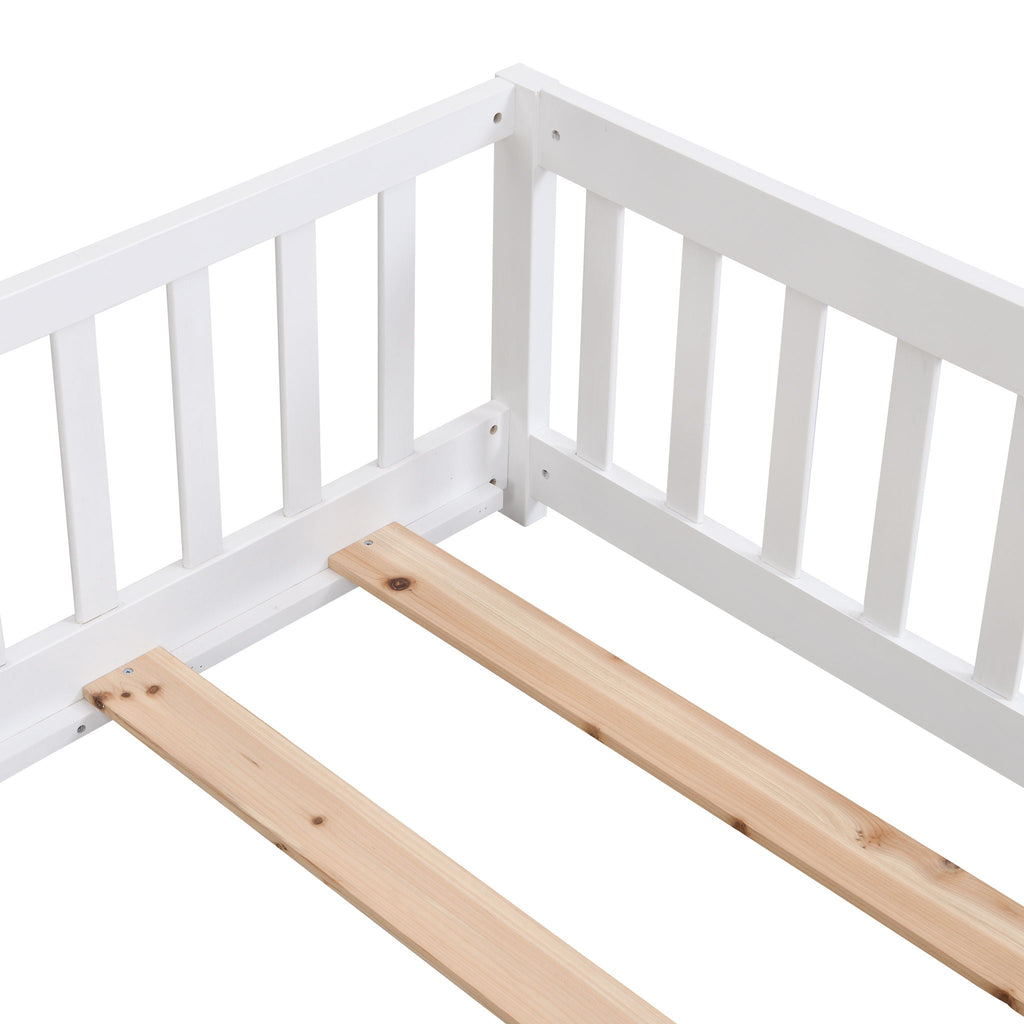 Solid Wood Floor Bed With Door And Fence For Children