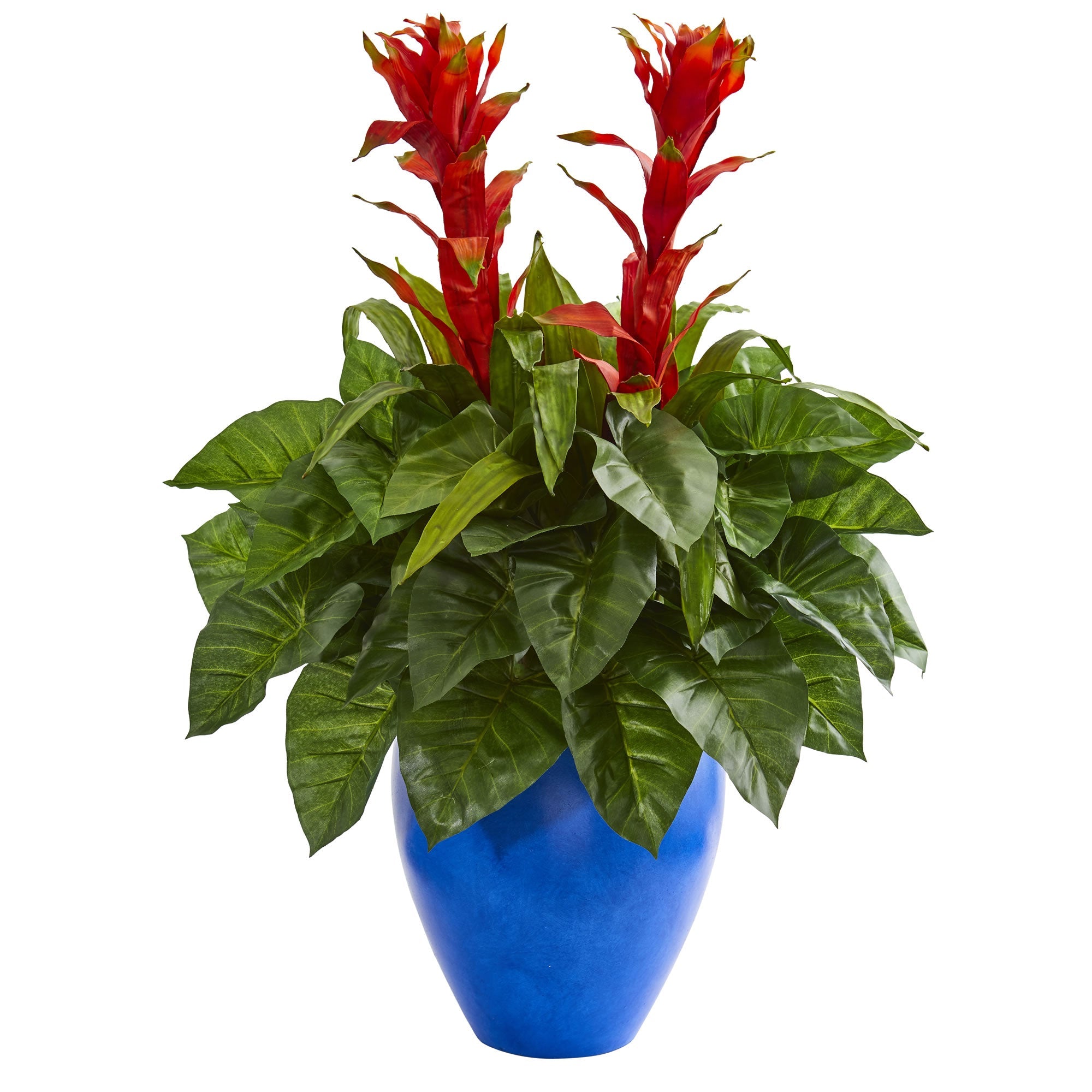 35" Bromeliad & Taro Artificial Plant in Blue Planter