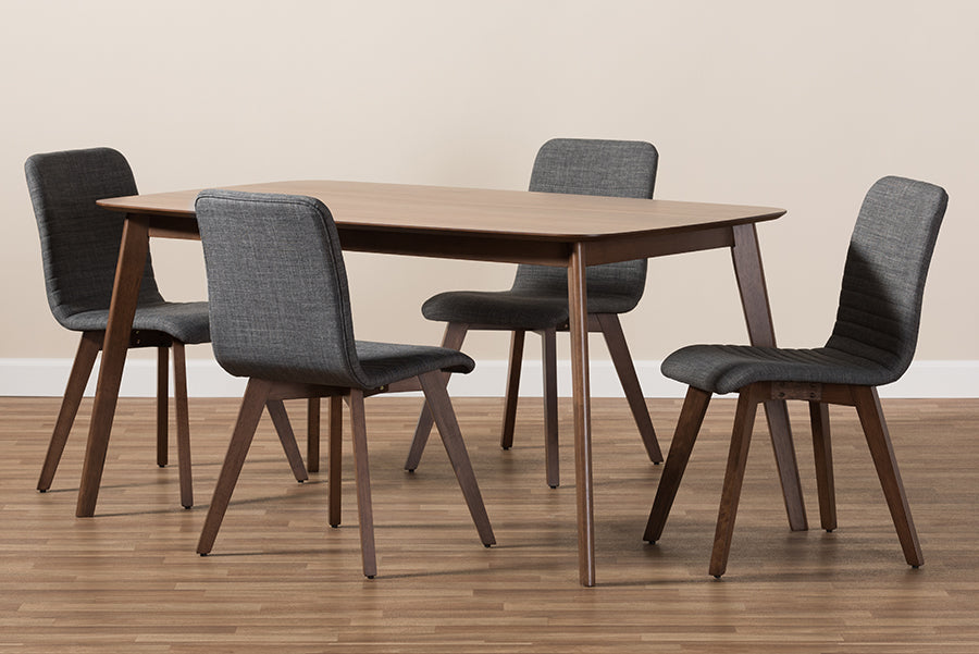 Baxton Studio Sugar Mid-Century Modern Dark Grey Fabric Upholstered Walnut Wood Finished 5-Piece Dining Set