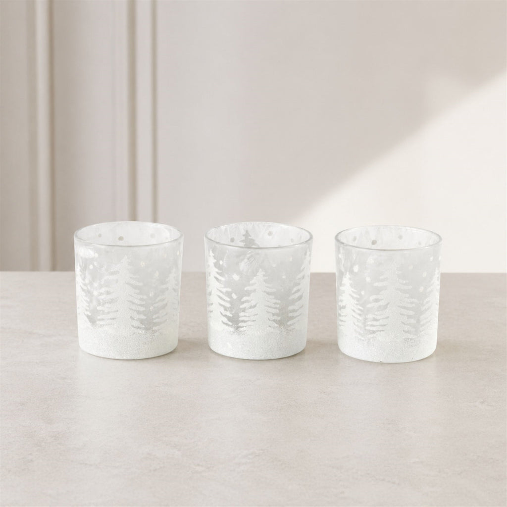 Frosted Votive Candle Holder with Snowy Forest (Set of 12)