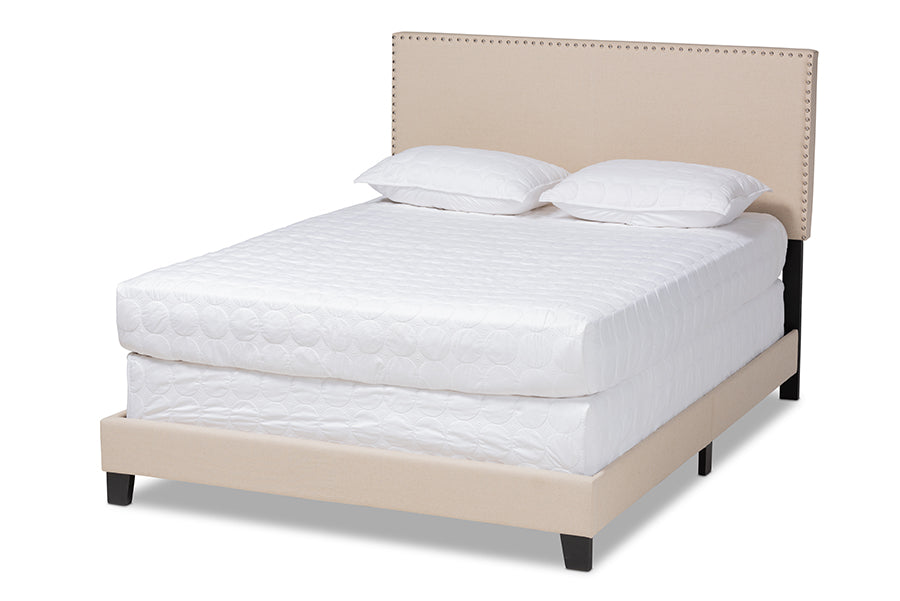 Baxton Studio Ramon Modern and Contemporary Beige Linen Fabric Upholstered Full Size Panel Bed with Nailhead Trim