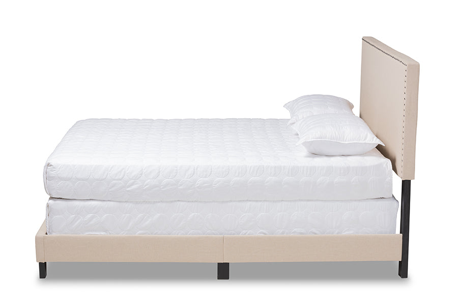 Baxton Studio Ramon Modern and Contemporary Beige Linen Fabric Upholstered Full Size Panel Bed with Nailhead Trim