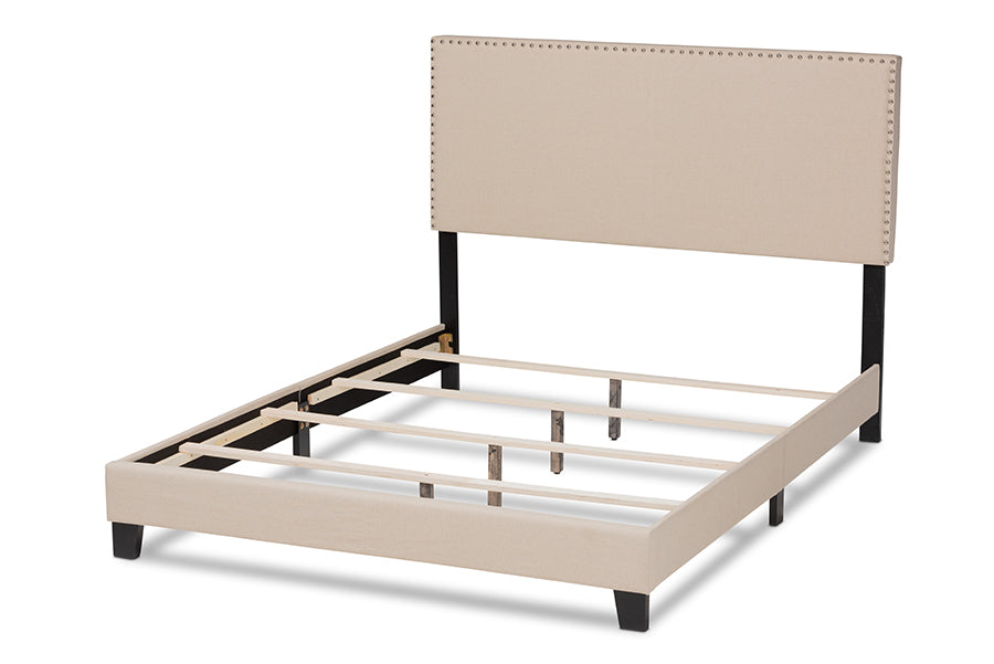 Baxton Studio Ramon Modern and Contemporary Beige Linen Fabric Upholstered Full Size Panel Bed with Nailhead Trim
