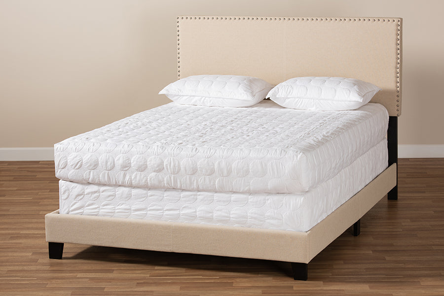 Baxton Studio Ramon Modern and Contemporary Beige Linen Fabric Upholstered Full Size Panel Bed with Nailhead Trim