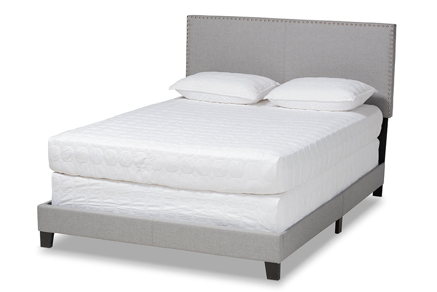 Baxton Studio Ramon Modern and Contemporary Grey Linen Fabric Upholstered Full Size Panel Bed with Nailhead Trim