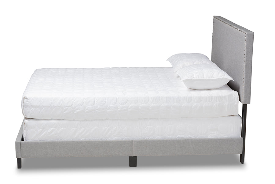 Baxton Studio Ramon Modern and Contemporary Grey Linen Fabric Upholstered Full Size Panel Bed with Nailhead Trim