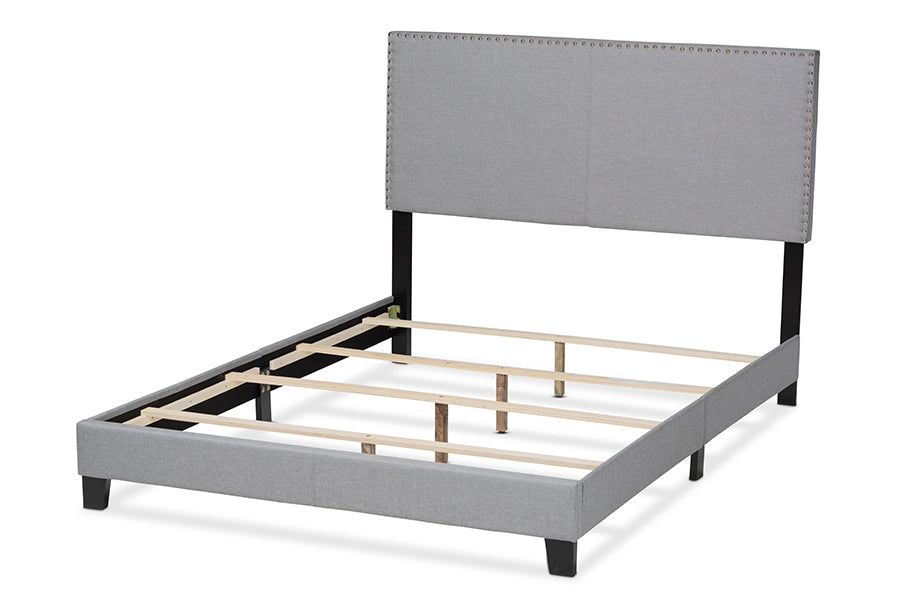 Baxton Studio Ramon Modern and Contemporary Grey Linen Fabric Upholstered Full Size Panel Bed with Nailhead Trim