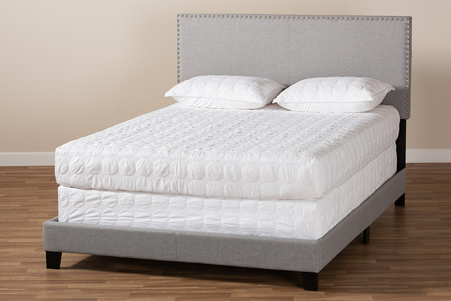 Baxton Studio Ramon Modern and Contemporary Grey Linen Fabric Upholstered Full Size Panel Bed with Nailhead Trim