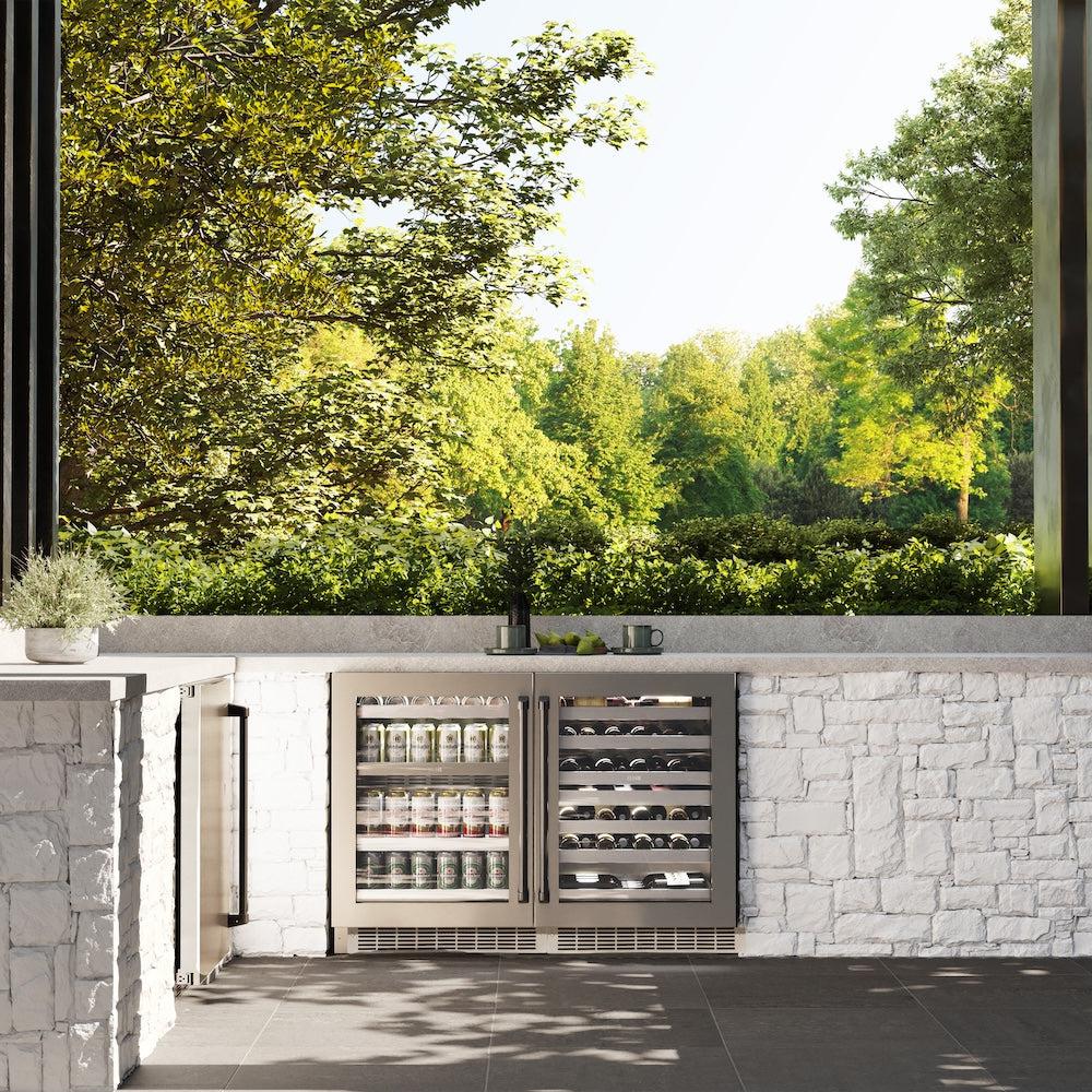 ZLINE 24" Touchstone 151 Can Beverage Fridge DuraSnow® Stainless Steel Glass Door Polished Gold Handle RBSOZ-SN-24-G