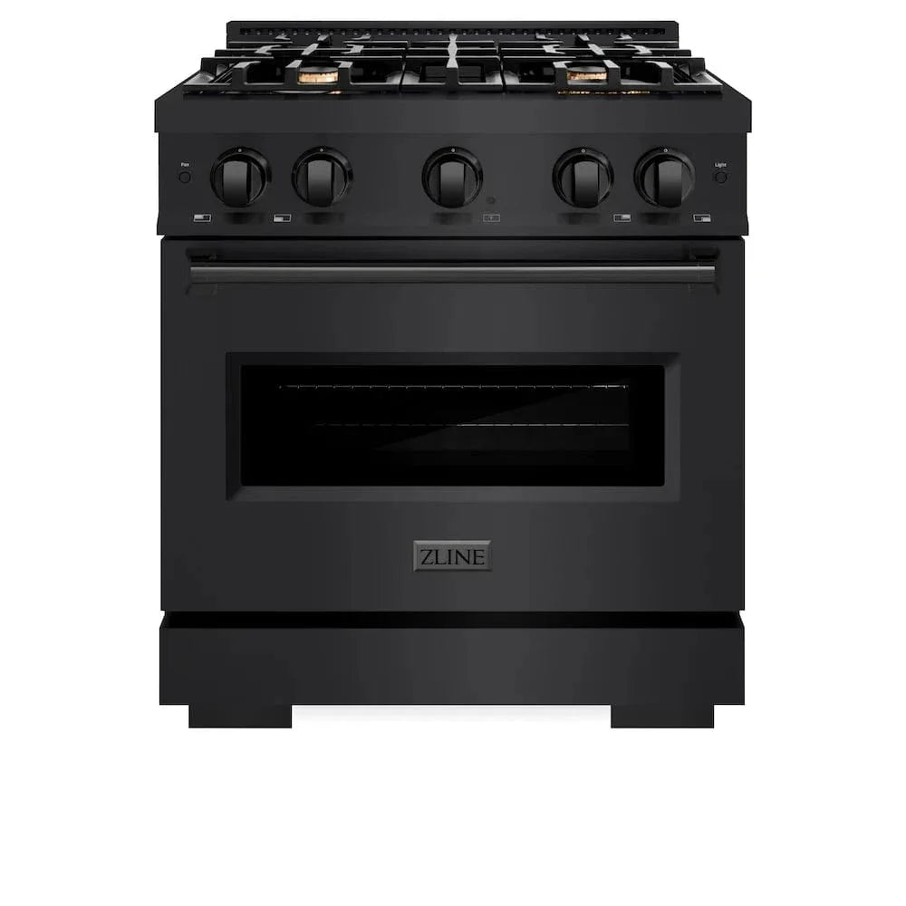 ZLINE 30" Dual Fuel Range, Gas Cooktop, Electric Convection Oven Black Stainless Steel Brass Burners, CDRB-BR-30