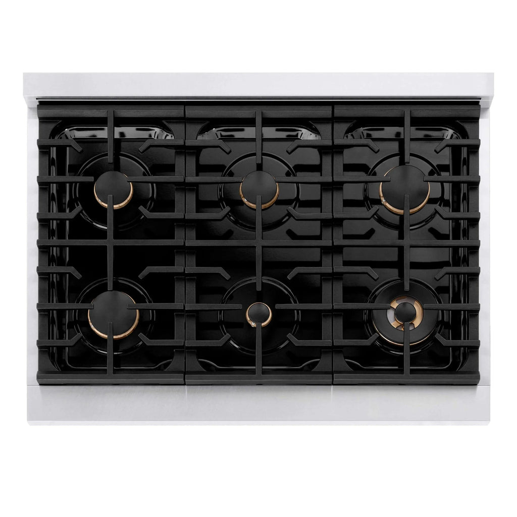 ZLINE 36"Paramount Dual Fuel Range DuraSnow® White Matte, Champagne Bronze SDRSZ-WM-36-CB