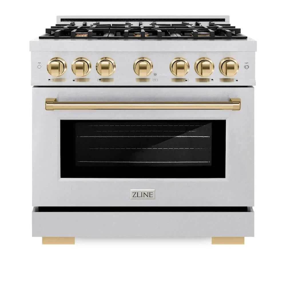 ZLINE 36" Select Dual Fuel Range Gas Cooktop Electric Convection Oven DuraSnow® Stainless Steel Gold HDRSZ-36-G