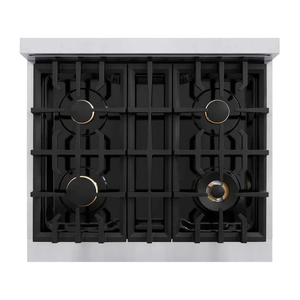 ZLINE 36" Dual Fuel Range, Gas Cooktop, Electric Convection Oven Stainless Steel, Matte White Door Polished Gold CDRZ-WM-36-G