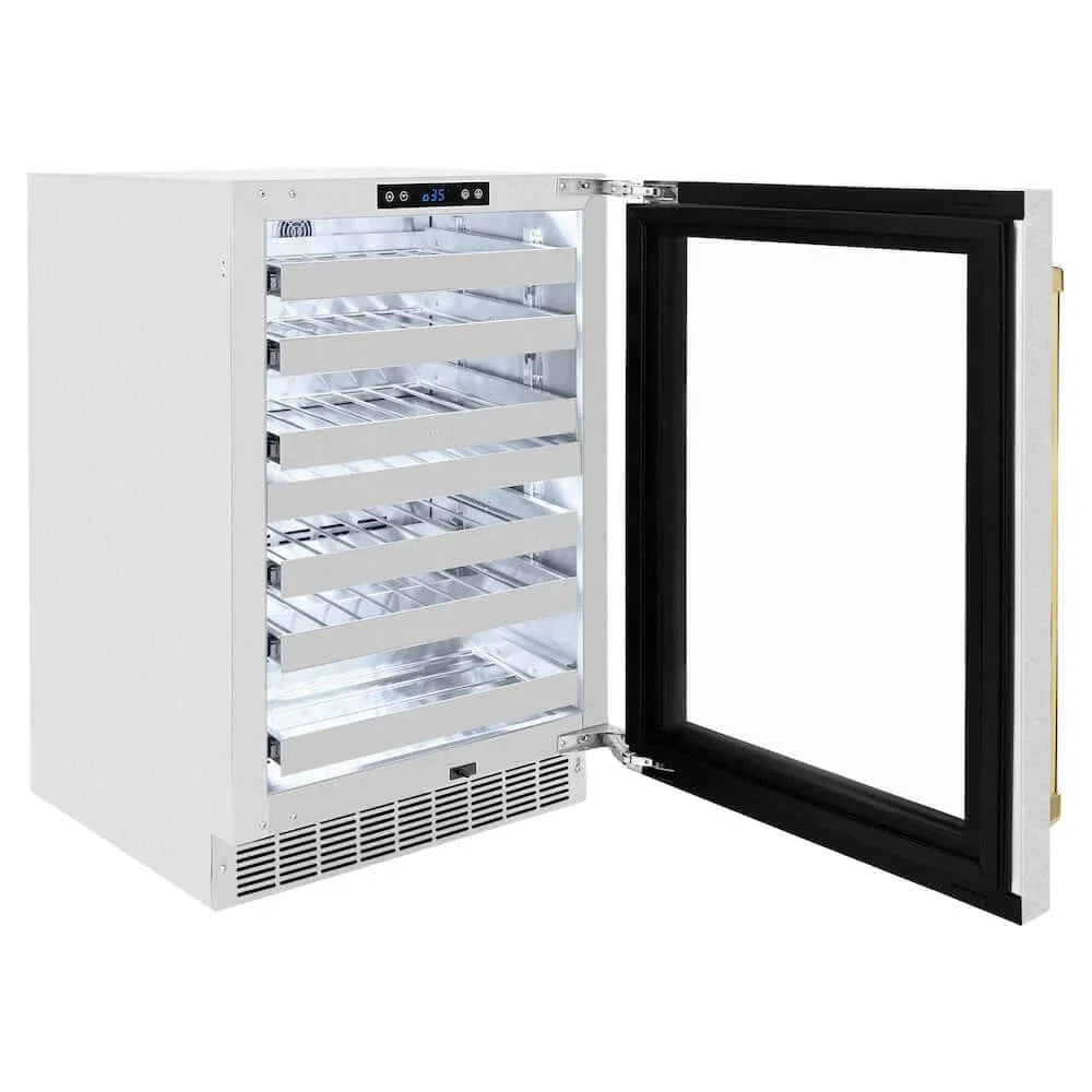 ZLINE 24" Touchstone Dual Zone 44 Bottle Wine Cooler DuraSnow® Stainless Steel Glass Door Polished Gold Handle RWDOZ-SN-24-G
