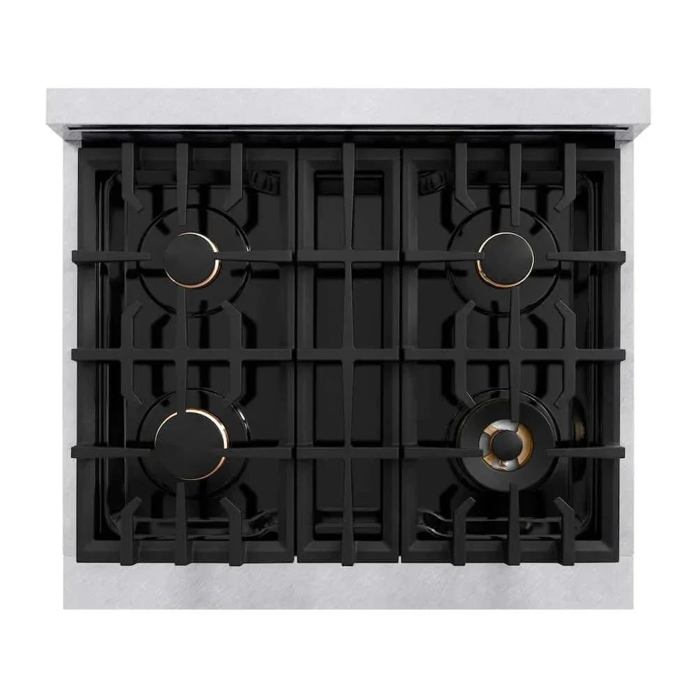 ZLINE 30" Dual Fuel Range, Gas Cooktop, Electric Convection Oven DuraSnow® Stainless Steel, Gold CDRSZ-30-G