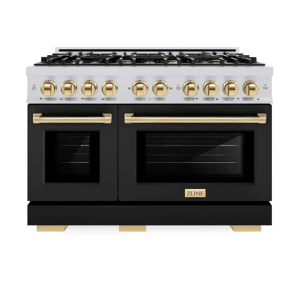 ZLINE 48" Select Dual Fuel Range Gas Cooktop Electric Convection Oven Stainless Steel Black Matte Doors Gold HDRZ-BLM-48-G
