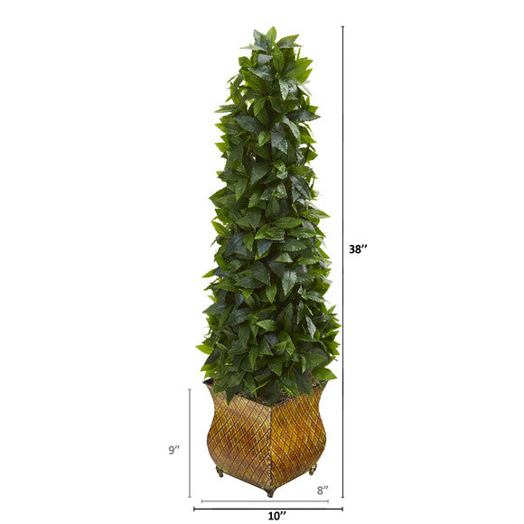 38" Sweet Bay Cone Topiary Artificial Tree in Decorative Metal Planter