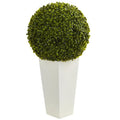 28" Boxwood Topiary Ball Artificial Plant in White Tower Planter