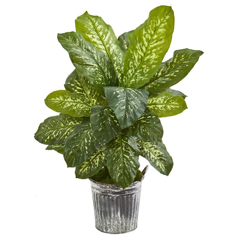 38" Dieffenbachia Artificial Plant In Vintage Metal Bucket (Real Touch)
