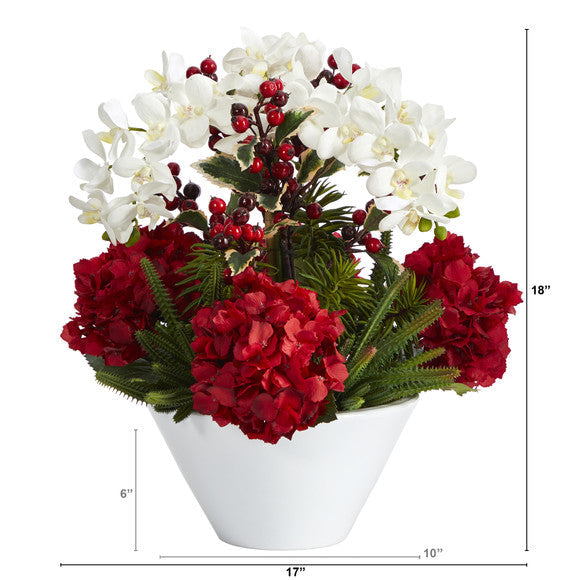 18" Phalaenopsis Orchid, Hydrangea, Cactus / Holly Berry Artificial Arrangement