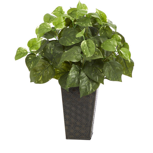17" Pothos Artificial Plant in Embossed Black Planter