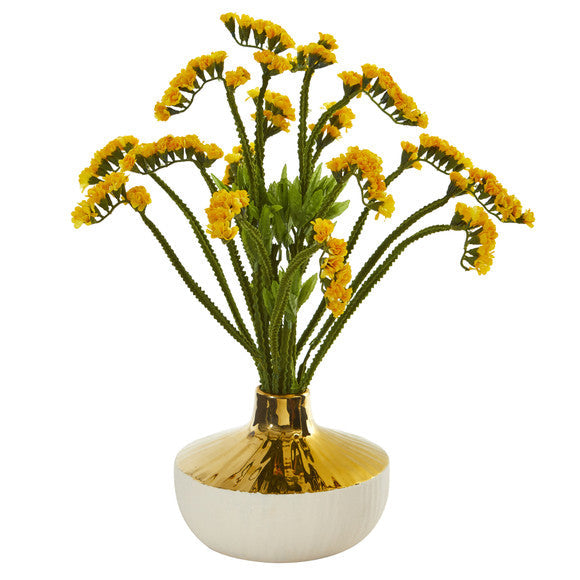 17" Baby Breath Artificial Arrangement in Gold and Cream Elegant Vase