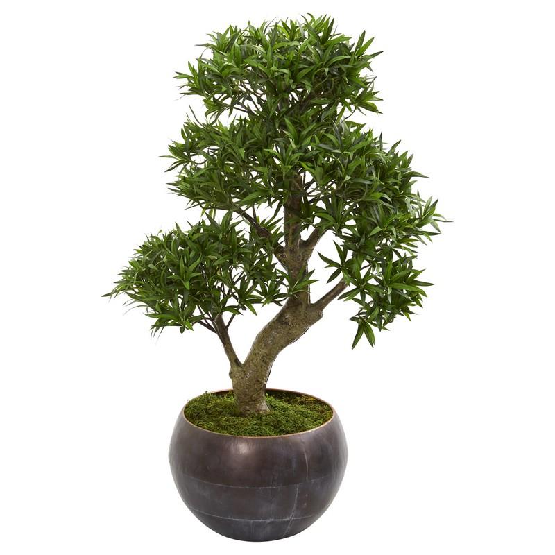 37"  Podocarpus Artificial Bonsai Tree in Metal Bowl