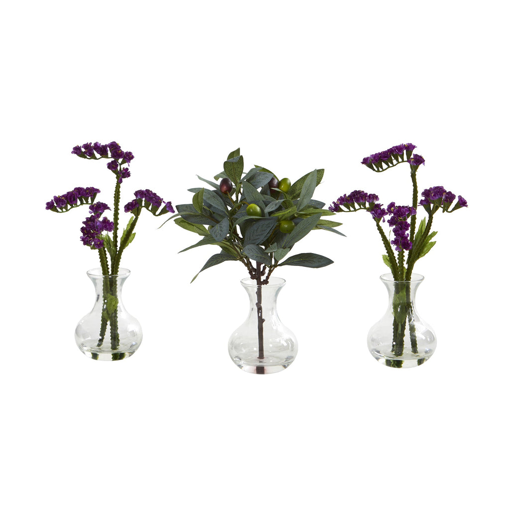 10" Baby Breath and Olive Artificial Arrangement in Vase (Set of 3)
