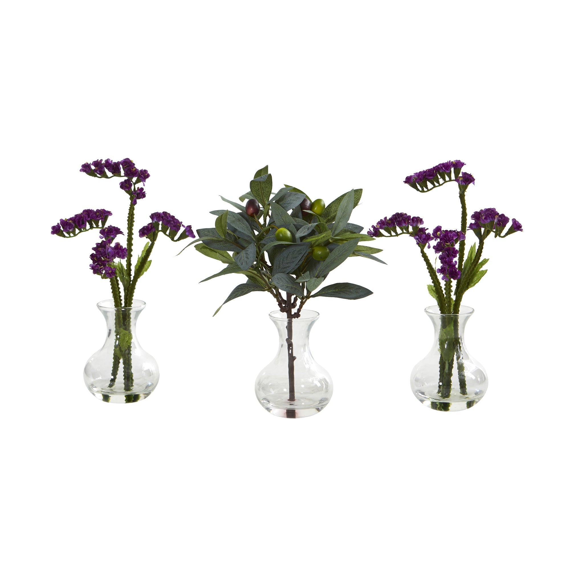 10" Baby Breath and Olive Artificial Arrangement in Vase (Set of 3)