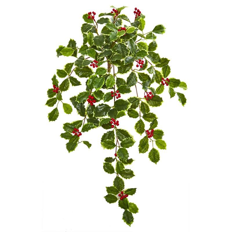 27"  Variegated Holly Leaf w/Berries Hanging Bush Artificial Plant (Set of 3)