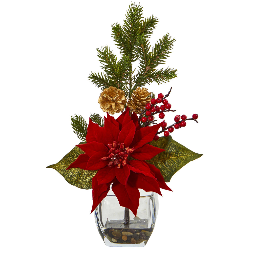Poinsettia, Berry and Pine Artificial Arrangement in Vase