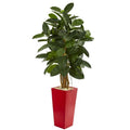 5' Rubber Leaf Artificial Tree In Red Tower Planter 9248 By Nearly Natural