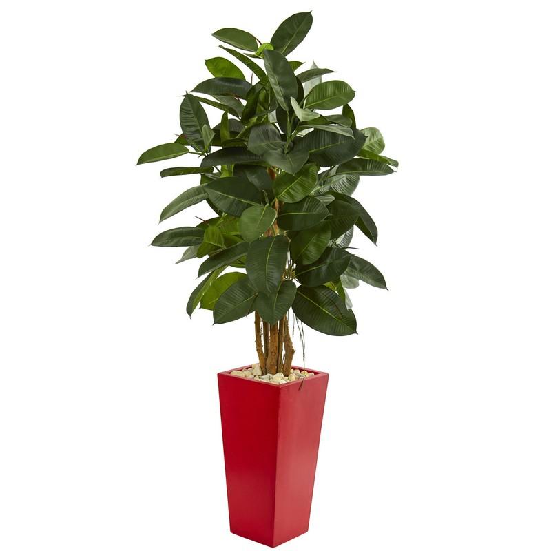5' Rubber Leaf Artificial Tree In Red Tower Planter 9248 By Nearly Natural