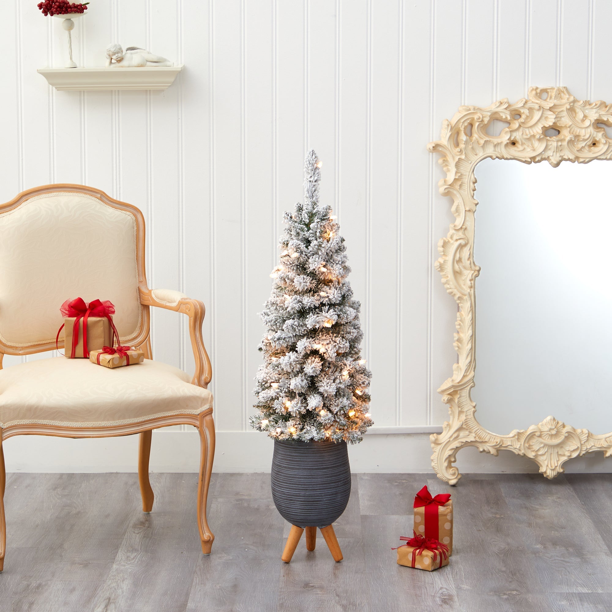 3.5' Flocked Pencil Artificial Christmas Tree w/ 50 Clear Lights & 132 Bendable