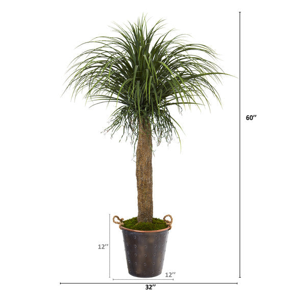 5' Pony Tail Palm Artificial Plant in Decorative Metal Pail with Rope