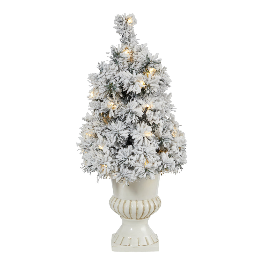 28' Flocked Artificial Christmas Tree with 30 Clear LED Lights in White Urn