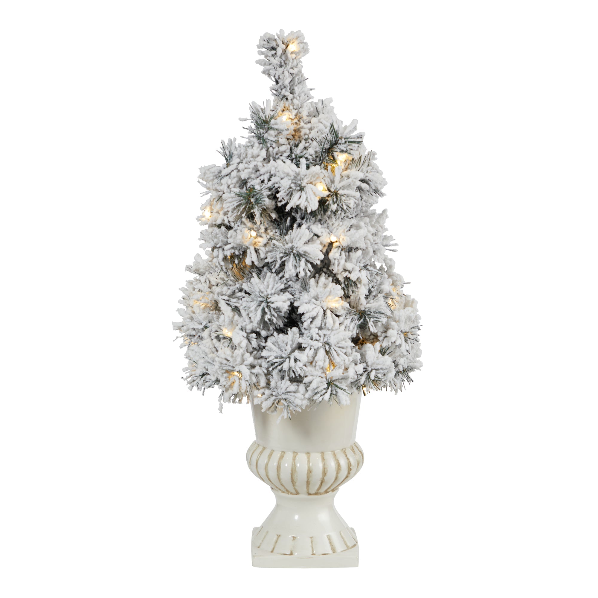 28' Flocked Artificial Christmas Tree with 30 Clear LED Lights in White Urn