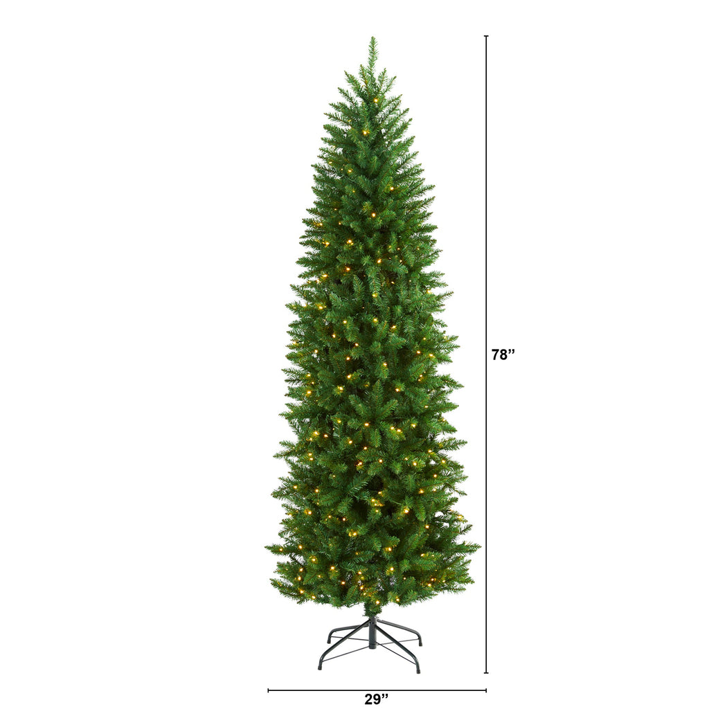 6.5' Slim Green Mountain Pine Artificial Christmas Tree w/ 300 Clear LED Lights