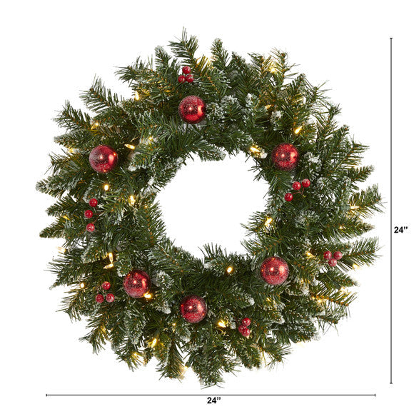 24" Frosted Artificial Christmas Wreath with 50 Warm White LED Lights