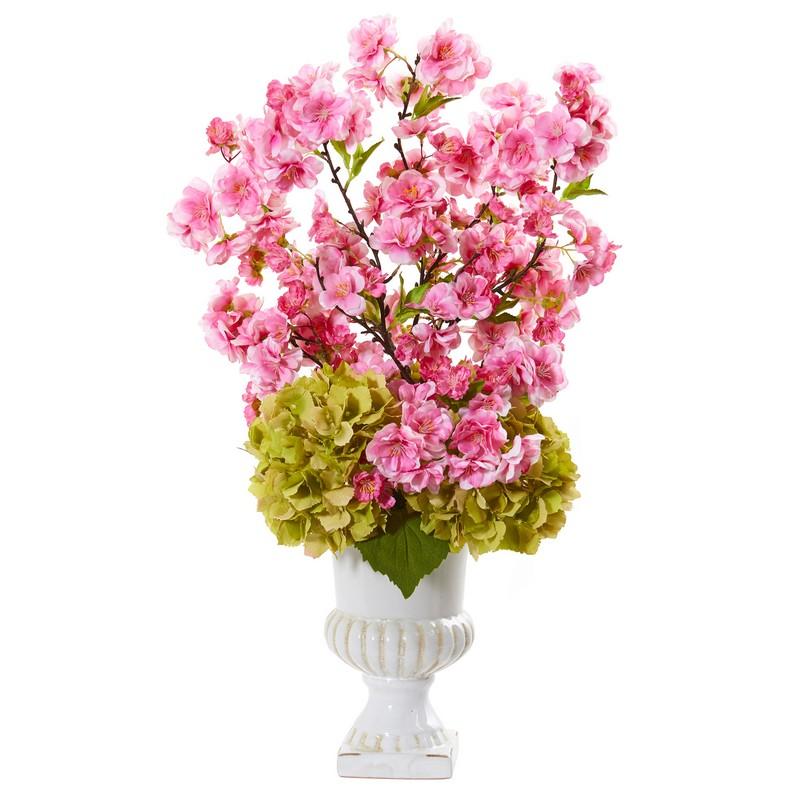 23" Hydrangea and Cherry Blossom Artificial Arrangement in White Urn