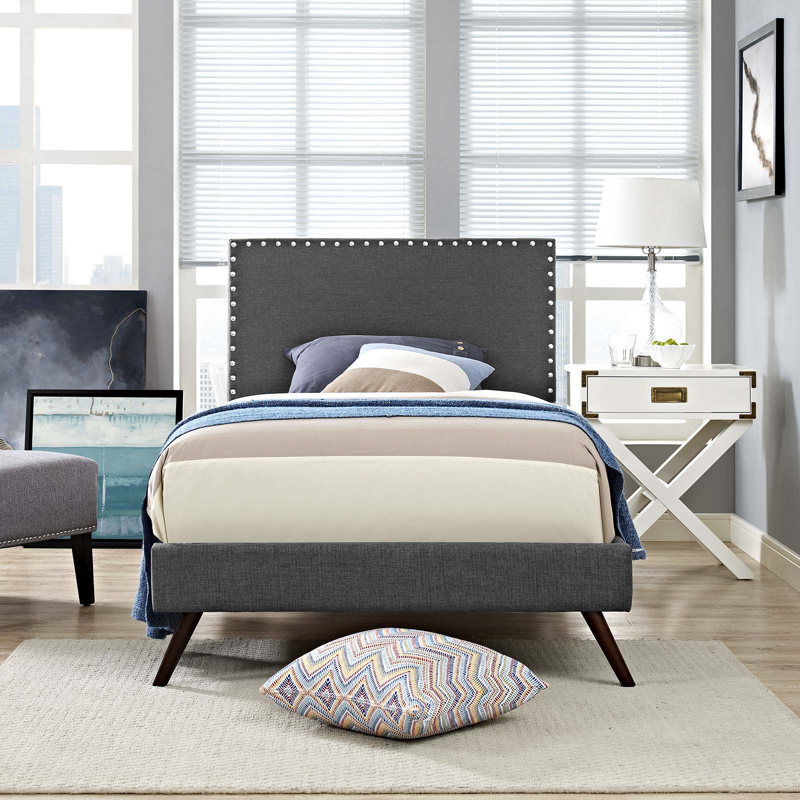 Macie Twin Fabric Platform Bed with Round Splayed