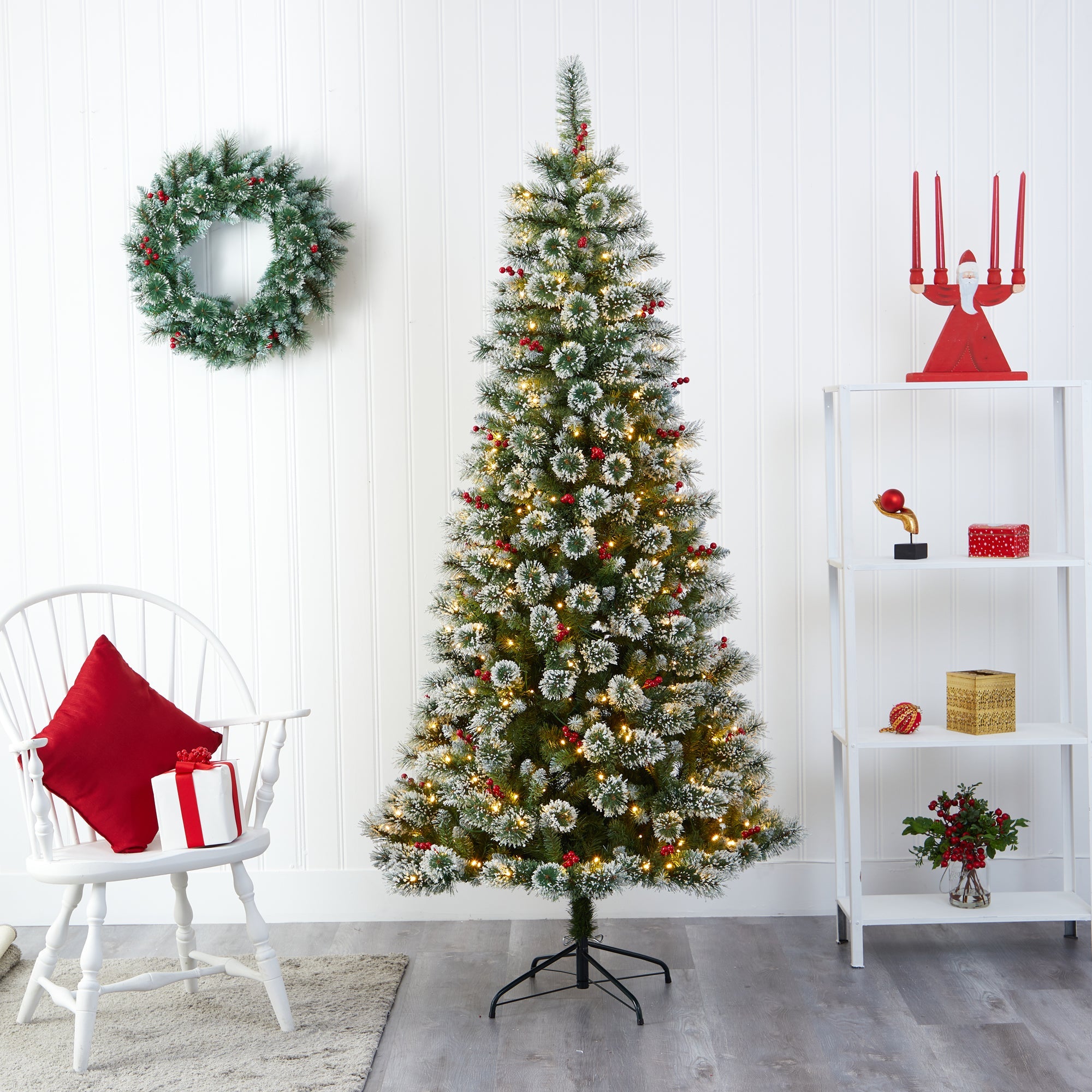 7' Frosted Swiss Pine Artificial Christmas Tree w/ 400 Clear LED Lights & Berrie