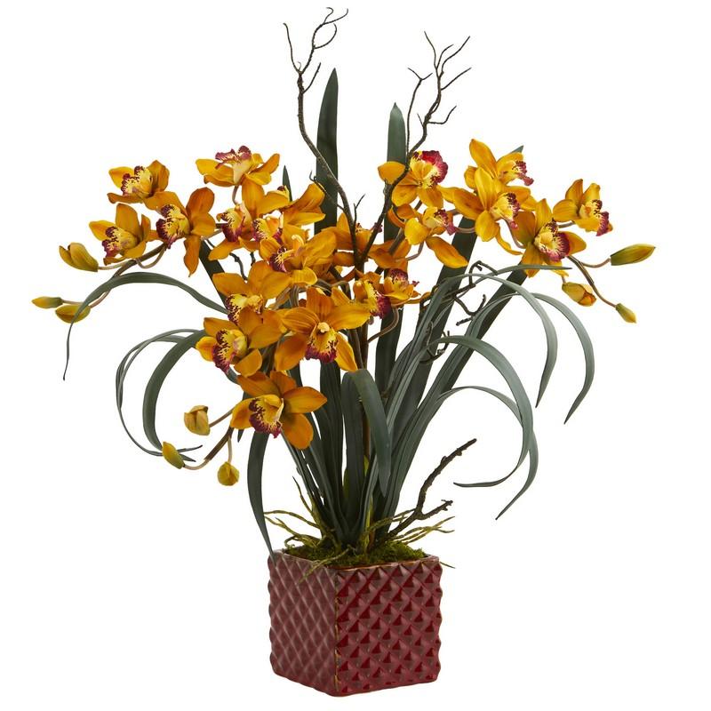 29" Cymbidium Orchid Artificial Arrangement in Red Vase