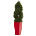 4.5' Double Pond Cypress Spiral Artificial Tree in Red Planter UV Resistant