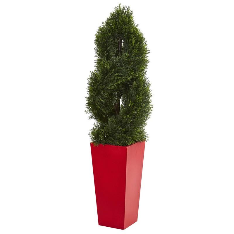 4.5' Double Pond Cypress Spiral Artificial Tree in Red Planter UV Resistant