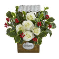 14"  Rose and Variegated Holly Leaf Artificial Arrangement in Tin Roof Planter