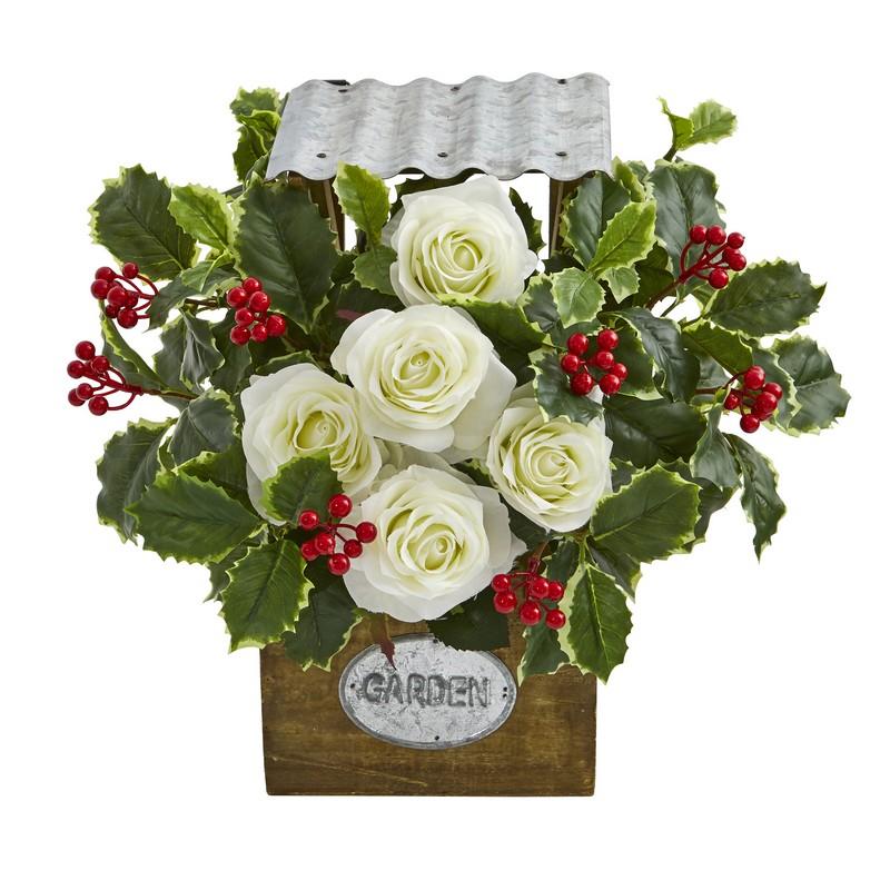 14"  Rose and Variegated Holly Leaf Artificial Arrangement in Tin Roof Planter