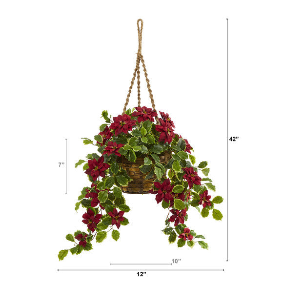 3.5' Poinsettia and Variegated Holly Artificial Plant in Hanging Basket