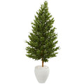 5' Olive Cone Topiary Artificial Tree in White Planter UV Resistant