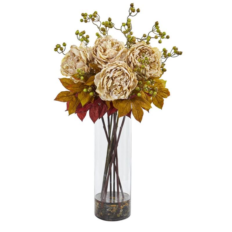 36"  Peony and Berries Artificial Arrangement in Large Cylinder Vase